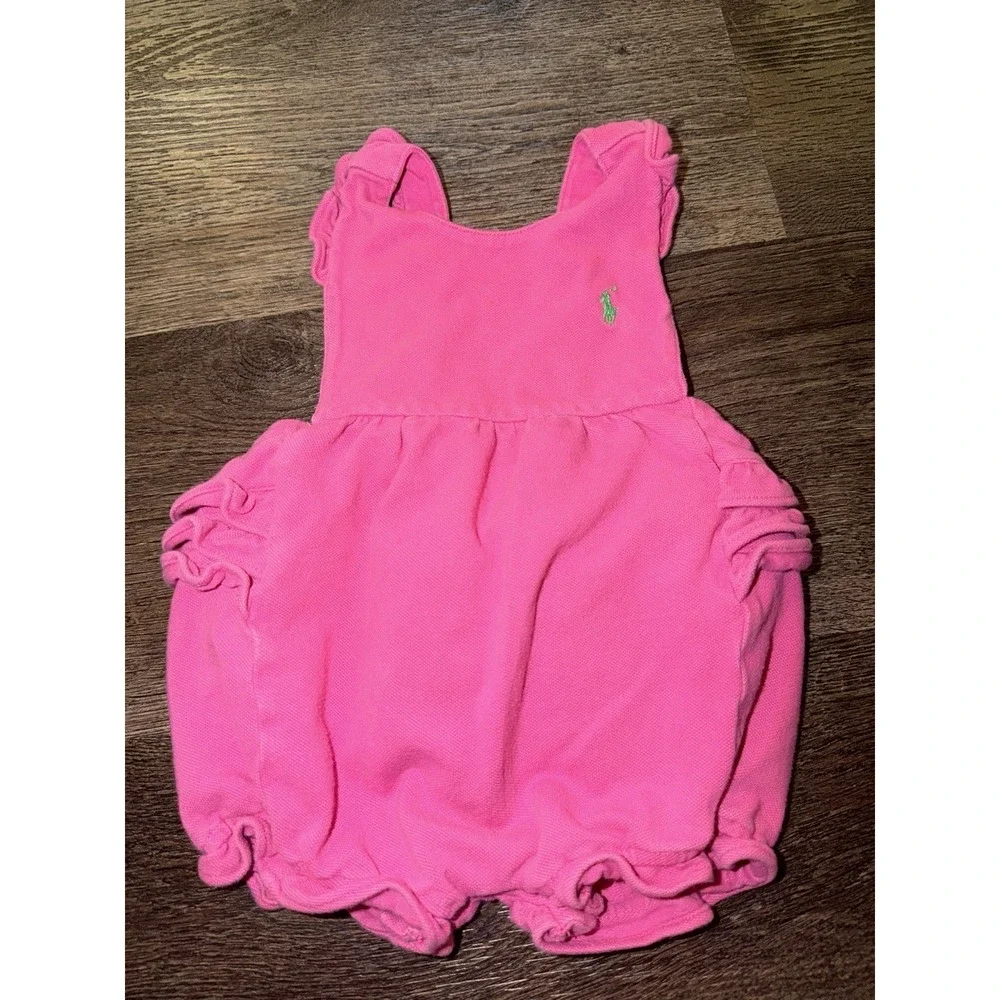 Ralph Lauren Bubble Romper Baby Girl Pink Halter Ruffle Polo 9M